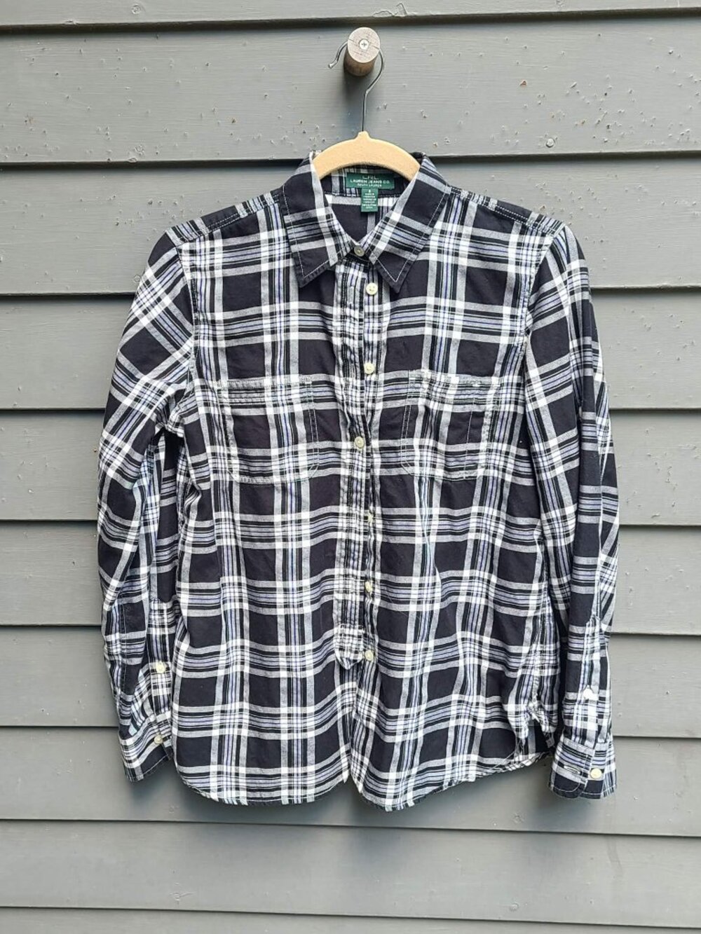 Lauren Ralph Lauren black White Plaid Button Down Top size Medium